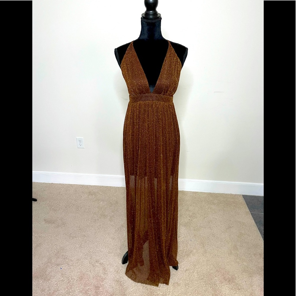 Shein Brown and Gold Open Back Sleeveless Dress
